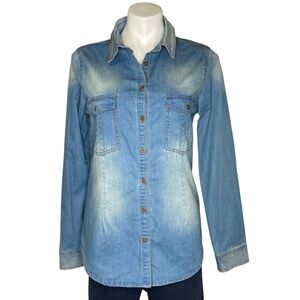 JW MAXX Stretch Denim Button Down Long Sleeve Shirt Faded Blue XL
